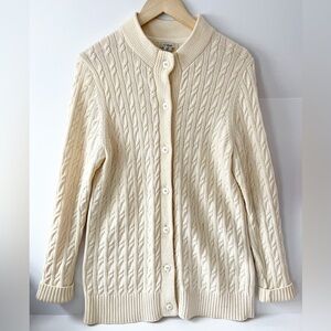 L.L. Bean Ivory Cable Knit Cardigan Women's Medium 100% Cotton Fisherman Sweater